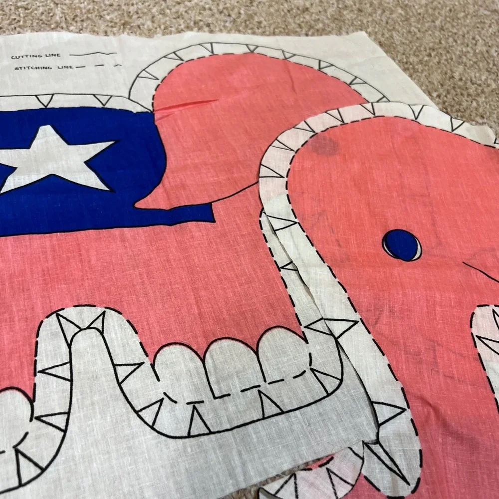 Vintage Pink Elephant Cut and Sew Fabric Panel Plush Toy DIY Craft